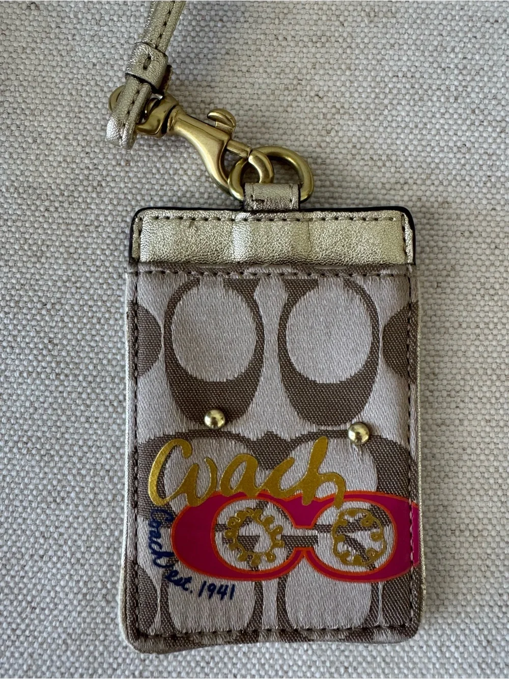 RARE Coach Poppy Y2K Signature Passcase Lanyard ID Beige Gold Cardholder